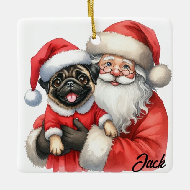 Personalised Joyful Pug Dog with Santa Ceramic Ornament (Front)