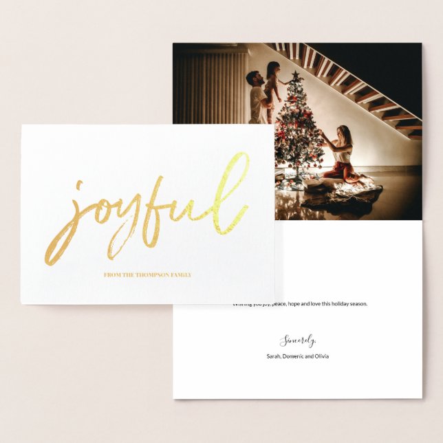Personalised Joyful Script Family Photo Christmas Foil Card (Display)
