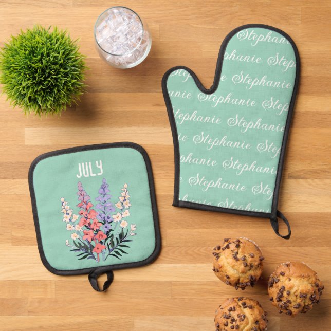 Personalised July Birth Flower Custom Name Oven Mitt & Pot Holder Set (Top Down)