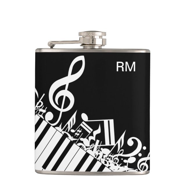Personalised Jumbled Musical Notes and Piano Keys Hip Flask (Front)