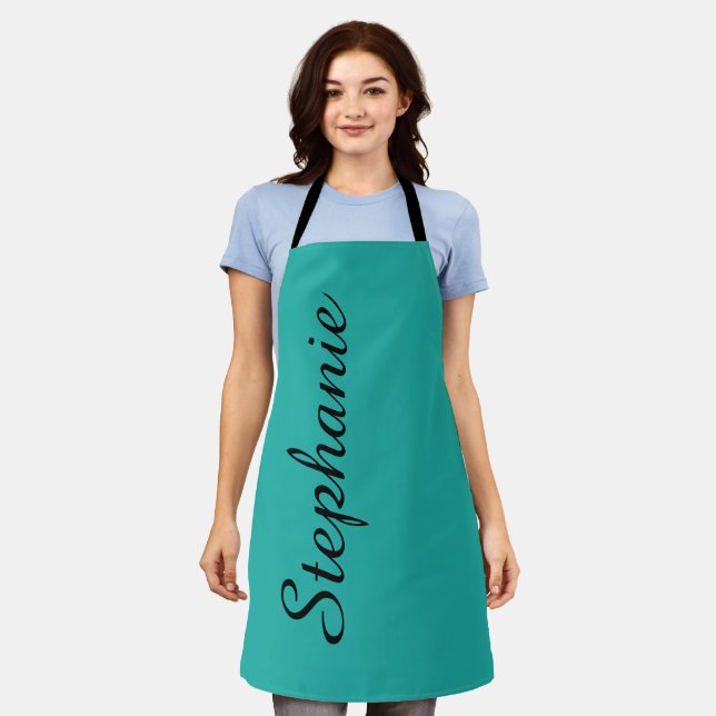 Personalised Jumbo Script Name Choose Your Colour Apron (Worn)