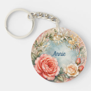 Personalised June Birth Flower Rose & Honeysuckle Key Ring