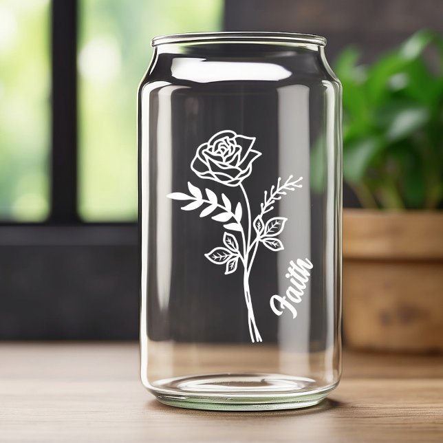 Personalised June Birth Month Flower Rose White Can Glass (Creator Uploaded)