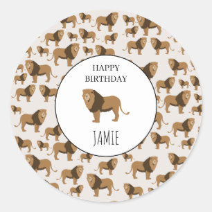 Personalised Jungle Lion Animal Pattern Birthday Classic Round Sticker