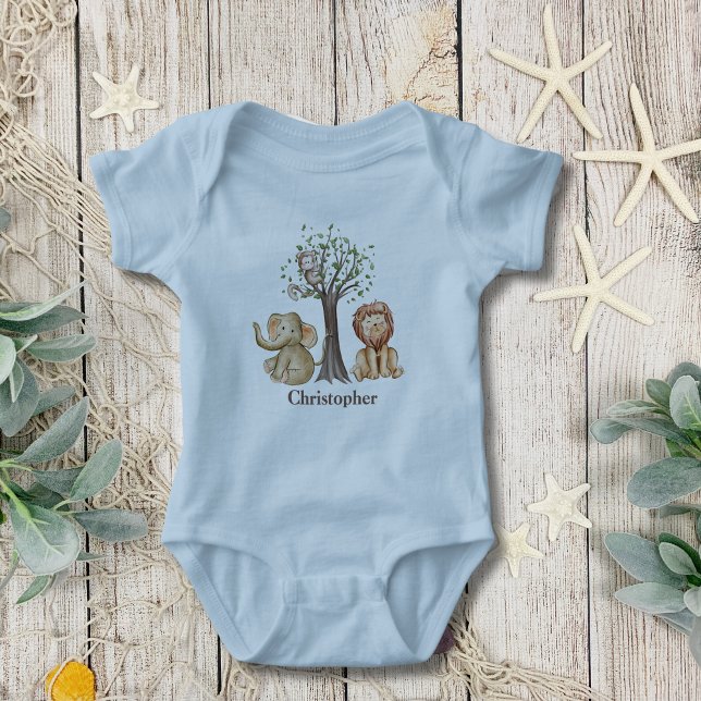 Personalised Jungle Safari Animals Lion Monkey  Baby T-Shirt (Personalized Jungle Safari Animals Elephant Monkey Baby Boy Body suit)