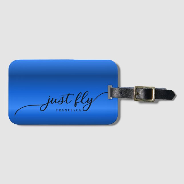 Personalised Just Fly Royal Blue Gradient  Luggage Tag (Front Horizontal)