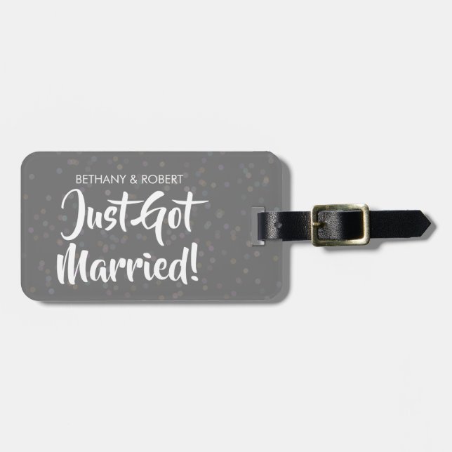 Personalised Just Got Married Silver Confetti Luggage Tag (Front Horizontal)