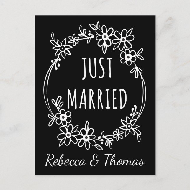 Personalised Just Married Black Wedding Floral Announcement Postcard (Front)