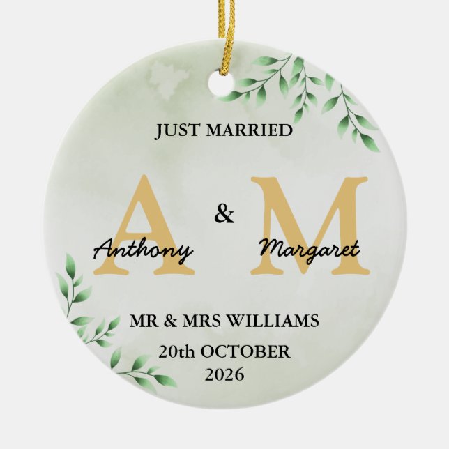 Personalised Just Married monogram Names Mr & Mrs Ceramic Tree Decoration (Front)