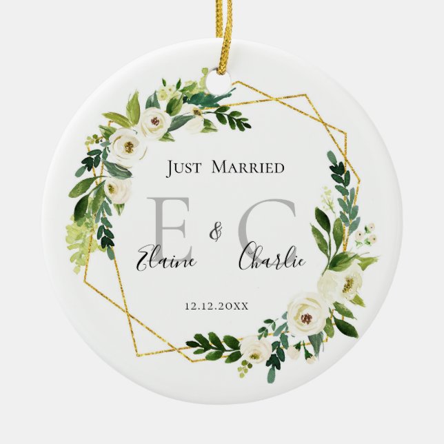 Personalised Just Married Names Mr & Mrs Ceramic Tree Decoration (Front)