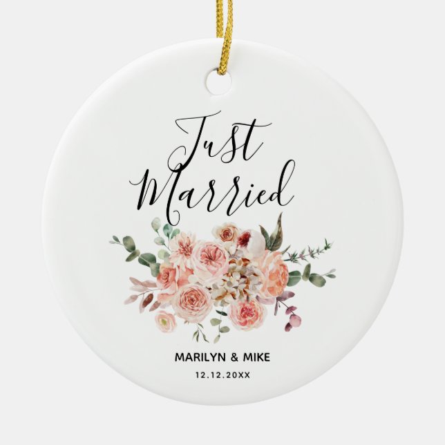 Personalised Just Married Peach Floral Ceramic Tree Decoration (Front)