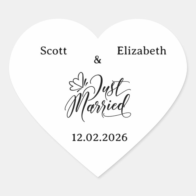 Personalised "Just Married" Wedding Heart Sticker (Front)