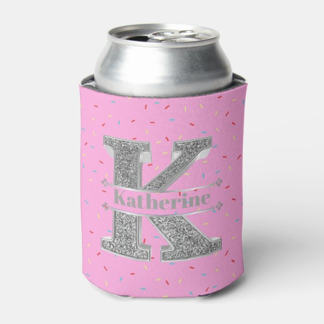 Personalised K Initial Silver Monogram Your Name Can Cooler (Can Front)