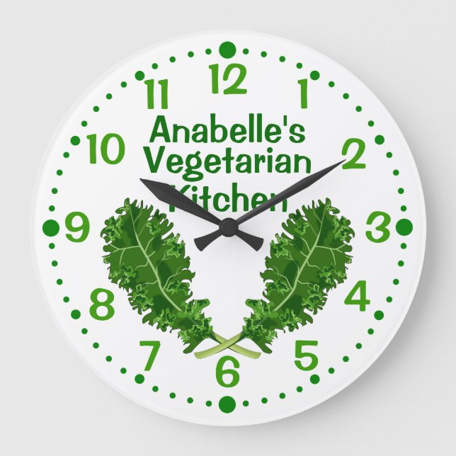 Personalised Kale Vegetarian Kitchen Clock w/ Mins (Front)