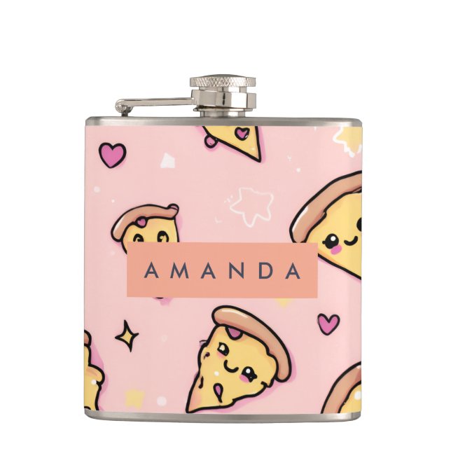 Personalised Kawaii Fun Pizza Slice Pattern Hip Flask (Front)