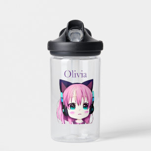 Personalised Kawaii Girl with Headphones on Water Bottle