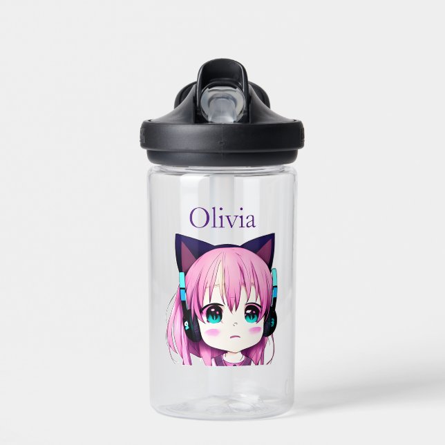 Personalised Kawaii Girl with Headphones on Water Bottle (Front)