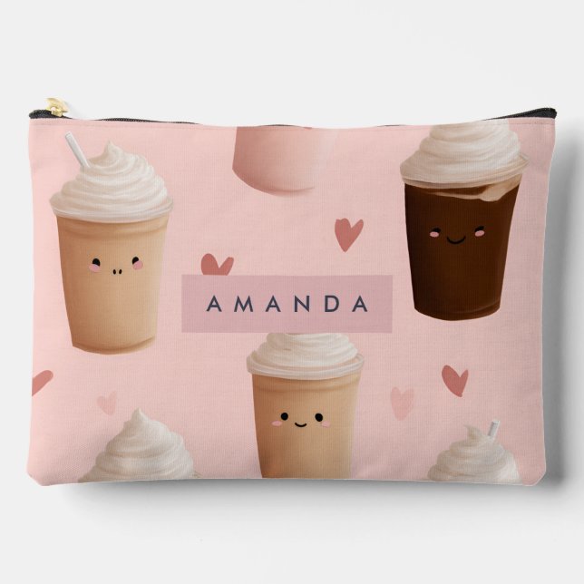 Personalised Kawaii Iced Coffee Pattern Accessory Pouch (Front)