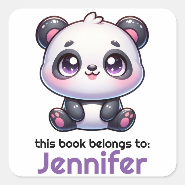 Personalised Kawaii Panda Bookplate Square Sticker (Front)