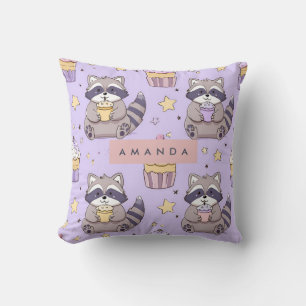 Personalised Kawaii Raccoons with Cupcakes Pattern Cushion