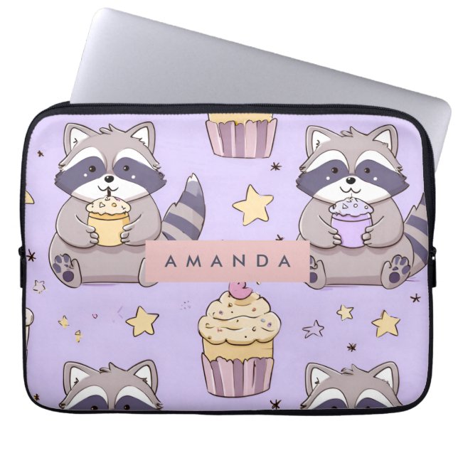 Personalised Kawaii Raccoons with Cupcakes Pattern Laptop Sleeve (Front)