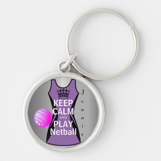 Personalised Keep Calm and Play Netball Design Key Ring (Front)