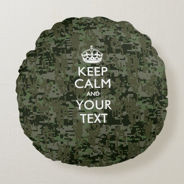 Personalised KEEP CALM AND Your Text Digital Camo Round Cushion (Front)
