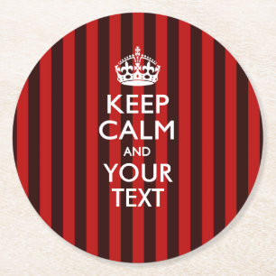 Personalised KEEP CALM AND Your Text on Red Stripe Round Paper Coaster