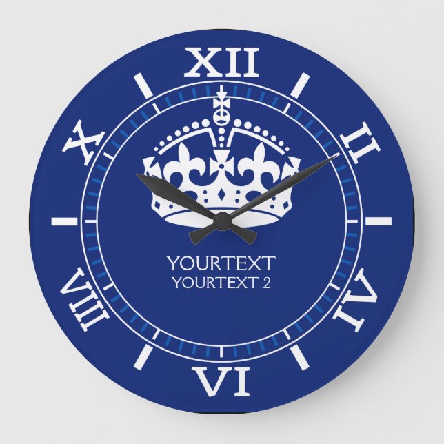 Personalised KEEP CALM Crown Text Navy Dial on a Large Clock (Front)