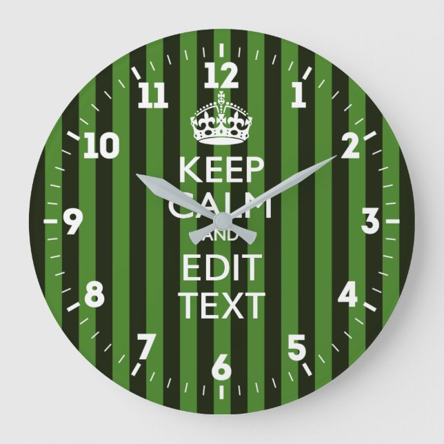 Personalised Keep Calm Get Your Text Green Stripes Large Clock (Front)