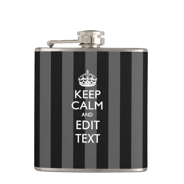Personalised Keep Calm on Black Stripes Decor Hip Flask (Front)