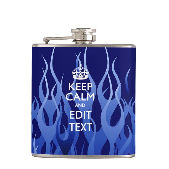 Personalised Keep Calm on Blue Flames Hip Flask (Front)