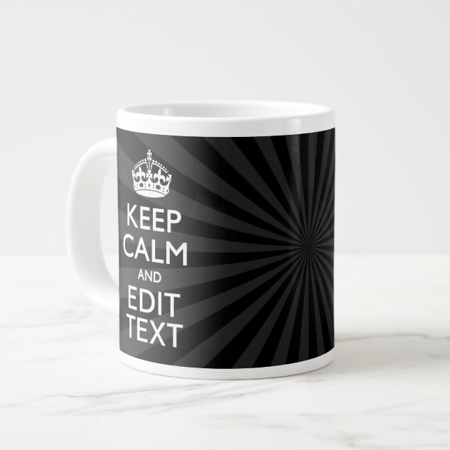 Personalised KEEP CALM Your Text Black Sunburst Large Coffee Mug (Front Left)