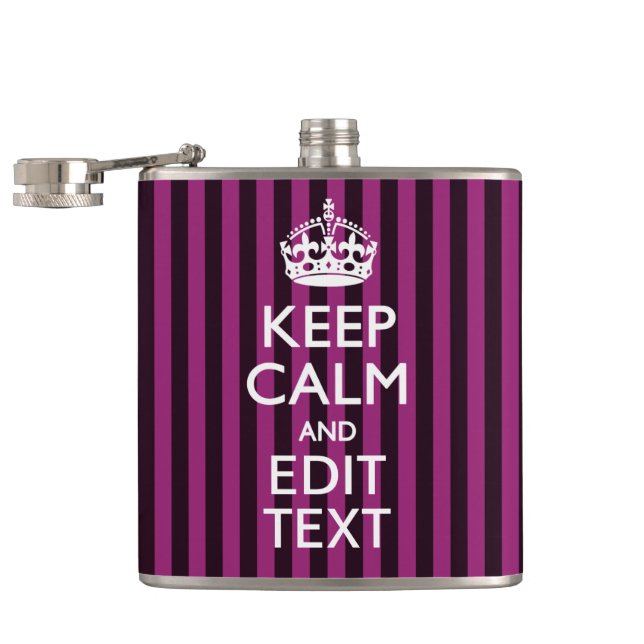 Personalised KEEP CALM Your Text Fuchsia Stripes Hip Flask (Opened)
