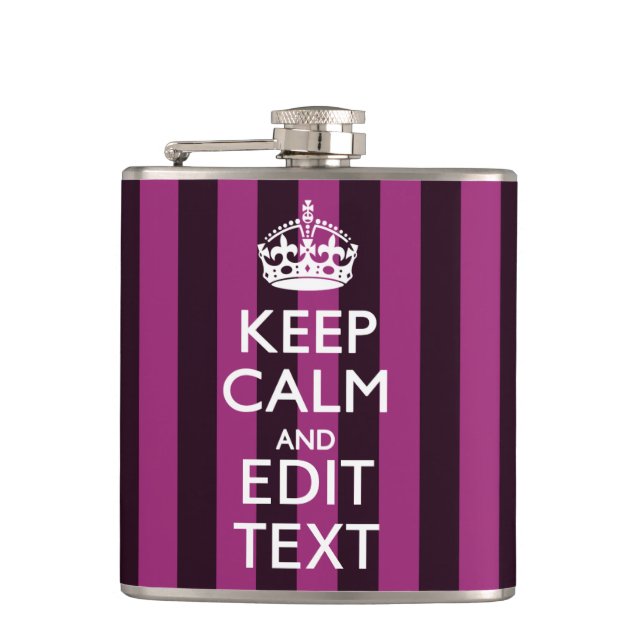 Personalised KEEP CALM Your Text Fuchsia Stripes Hip Flask (Front)