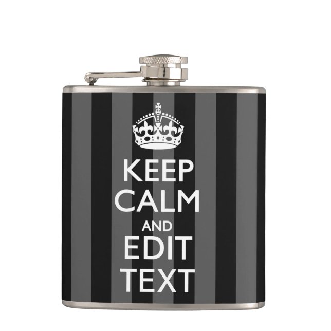 Personalised KEEP CALM Your Text on Black Stripes Hip Flask (Front)