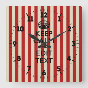 Personalised Keep Calm Your Text Popcorn Stripes Square Wall Clock