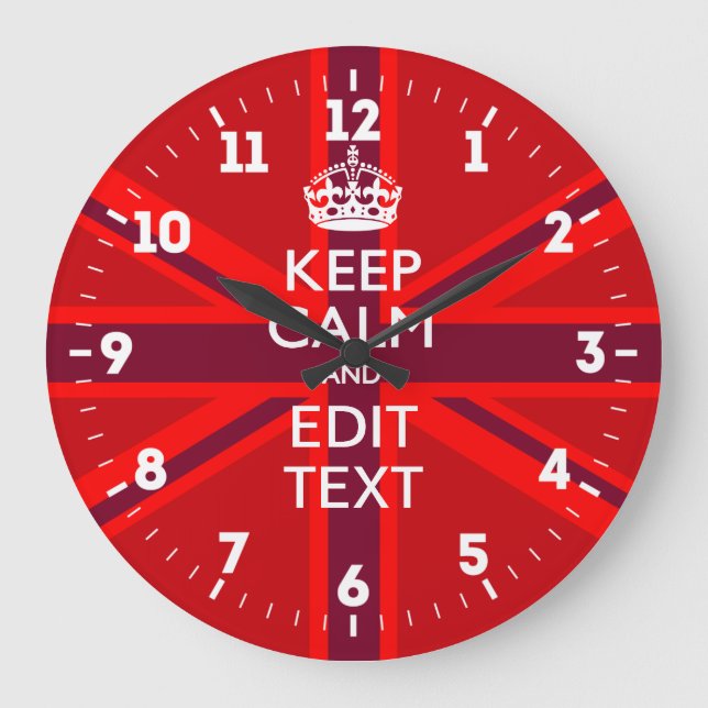 Personalised Keep Calm Your Text UK Flag Red Large Clock (Front)