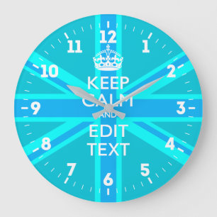 Personalised Keep Calm Your Text UK Flag Sky Blue Large Clock