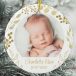 Personalised Keepsake Baby Christmas Photo<br><div class="desc">Commemorate your baby's arrival with this unique keepsake photo ornament.
It is decorated with hand-painted gold foliage and berries. 
Easily customisable with your photo,  name,  and date.
Original Watercolor © Michele Davies.</div>