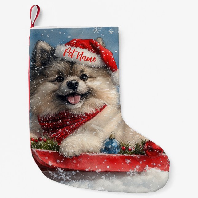 Personalised Keeshond Dog in Sledge Christmas Small Christmas Stocking (Front)