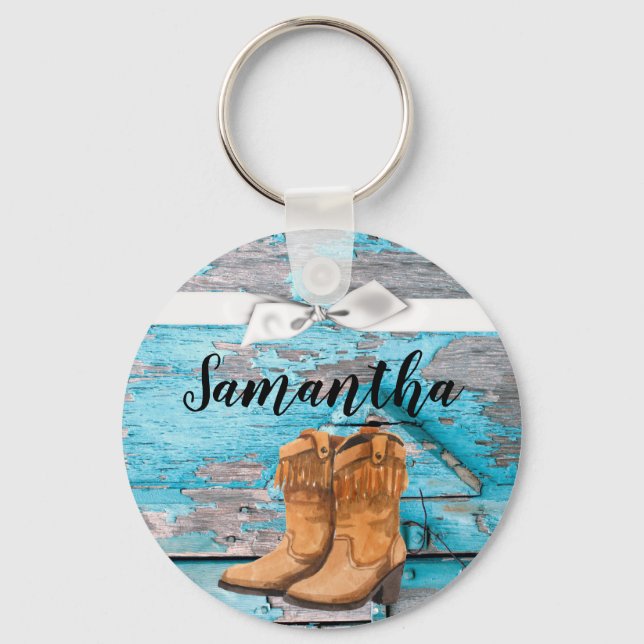 Personalised Key Chain Blue Wood Barn Door Boots C (Front)