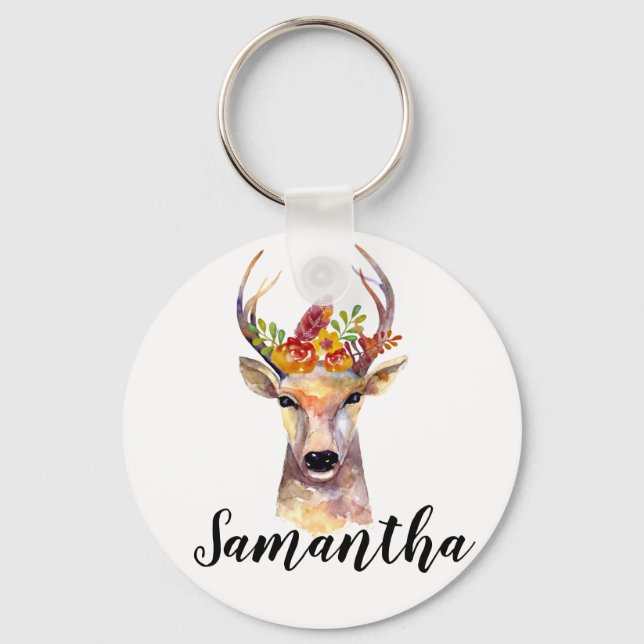 Personalised Key Chain boho deer Buck Head Brownin (Front)