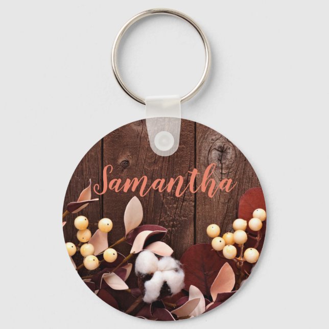 Personalised Key Chain Cotton Branch on Dark Wood (Front)