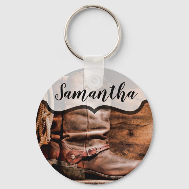 Personalised Key Chain Cowboy Boots Barn Wood Rust (Front)
