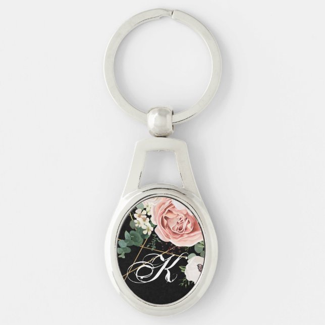 Personalised Key Chain Geometric Garden Rose Black (Front)