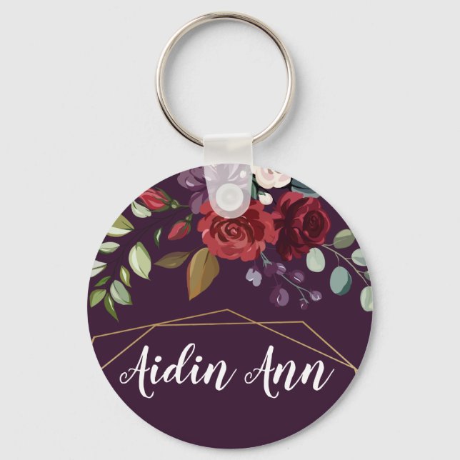 Personalised Key Chain Plum Purple Roses Gold Geom (Front)