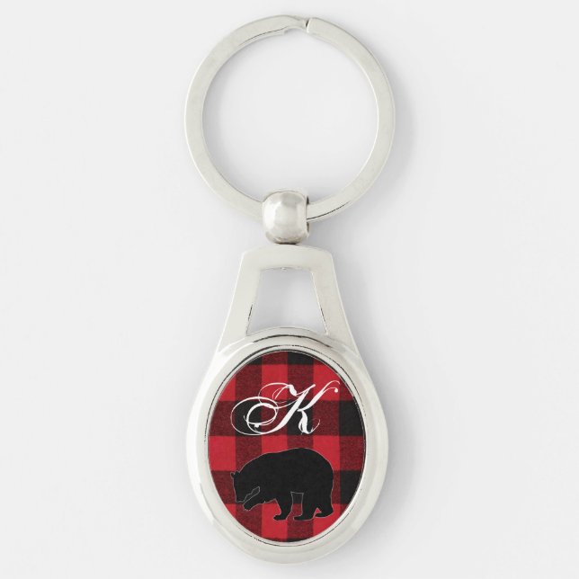 Personalised Key Chain Red Buffalo Plaid Bear Blac (Front)