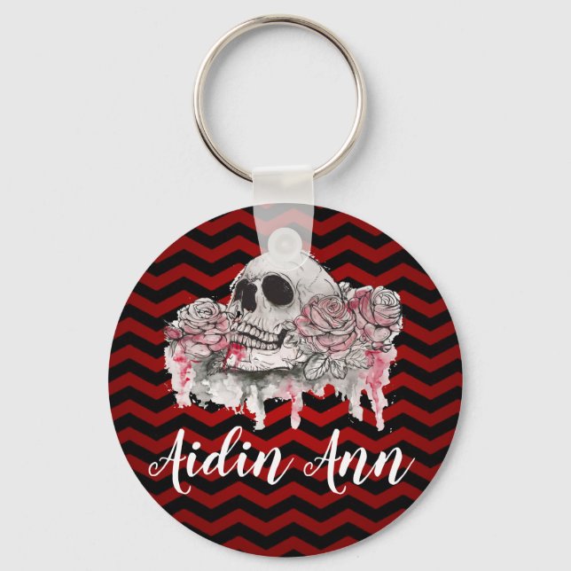 Personalised Key Chain skull Rose Gothic Chevron r (Front)