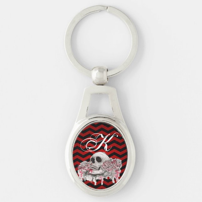 Personalised Key Chain skull Rose Gothic Chevron r (Front)